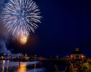 Fireworks in the night sky over the ocean