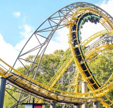 Yellow roller coaster track with a loop