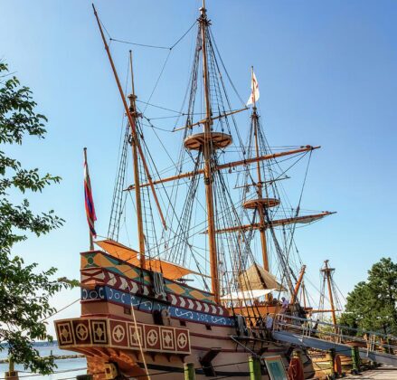 View of a Clipper Ship near Yorktown Beach Hotel from the Jamestown Settlement museum.