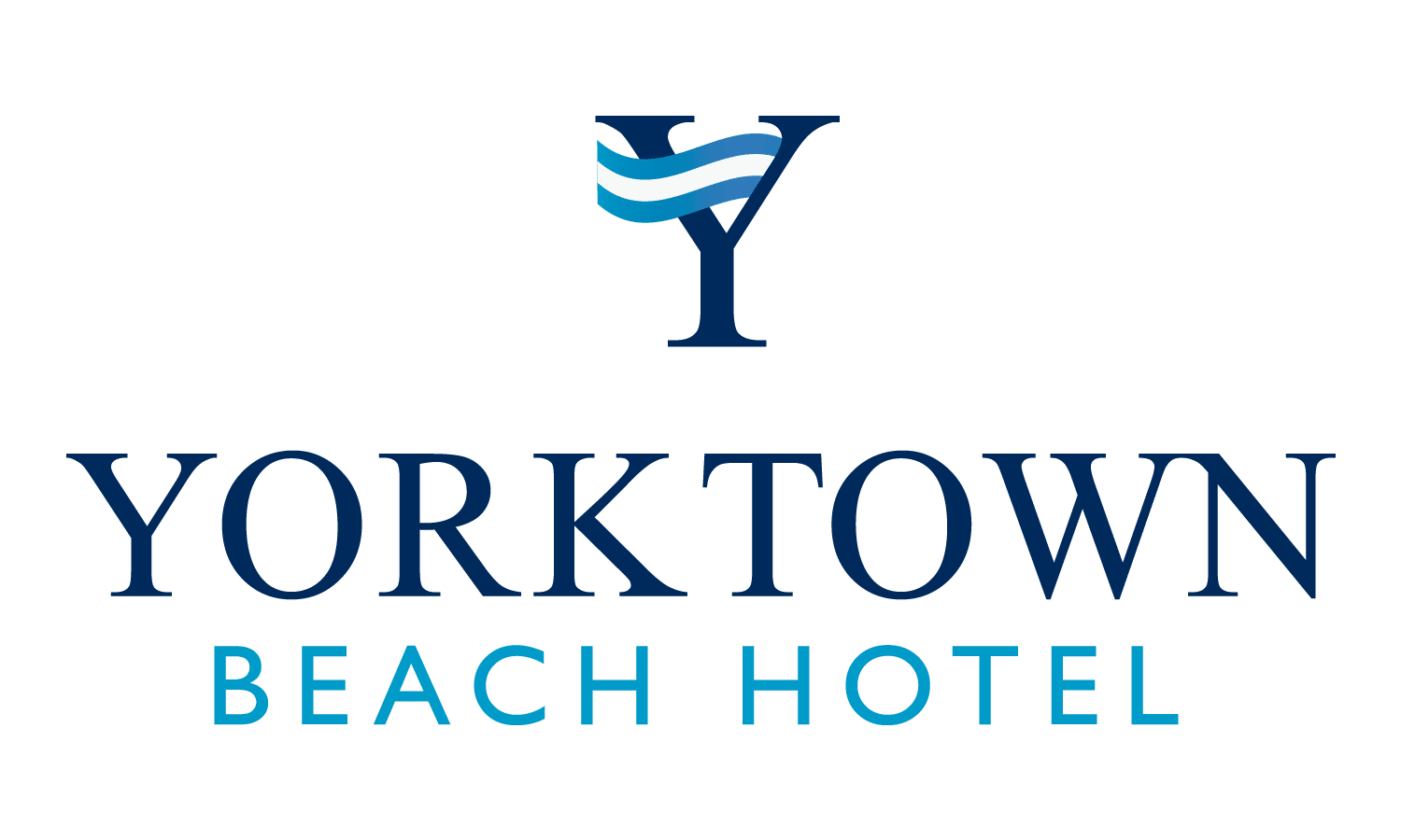 Yorktown Beach Hotel In Historic Triangle white & blue Logo.