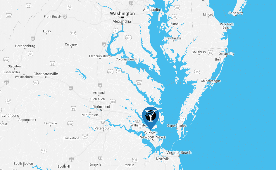 Map showing the Yorktown location in relation to Washington DC and Virginia Beach.