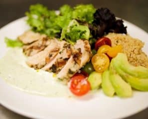 Grilled chicken and a salad near Yorktown Beach Hotel, a hotel near Williamsburg.
