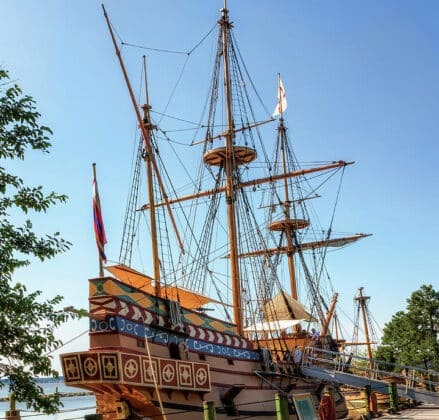 View of a Clipper Ship near Yorktown Beach Hotel from the Jamestown Settlement museum.