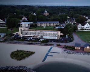 Aerial view of the hotel and beach