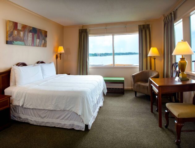 A spacious Yorktown hotel room with colonial green carpet, a king bed with white linens, a desk, and waterfront views.